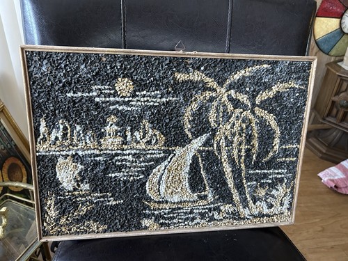 Mosaics Handcrafted Real Stones Pebbles Gravel Picture Sailboat Palm Tree 18x12 - Picture 3 of 4