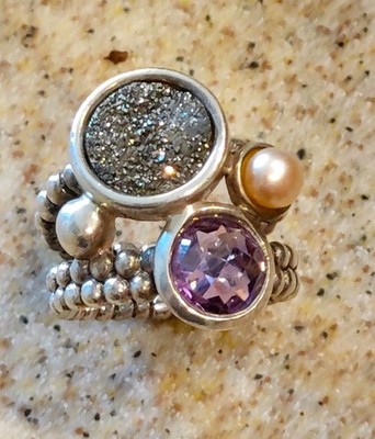 Michael Dawkins Sterlingsilber Pyrit Druzy Amethyst Perle Kaviar Ring Größe 6