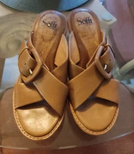 Eurosofft Women's Summer Sandals Size 8 Corked High Heel Leather Upper Beige