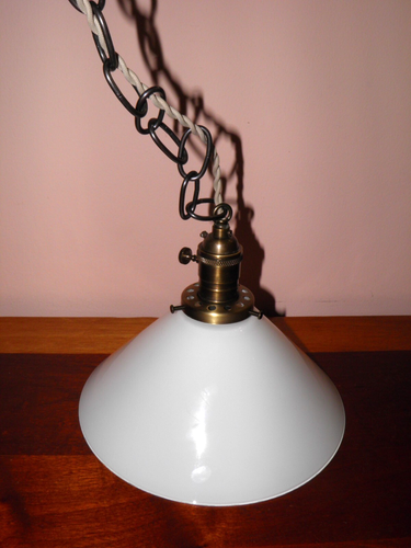 Vintage, Art deco style, brass/steel, ceiling light pendant w/milk glass shade. - Picture 2 of 17