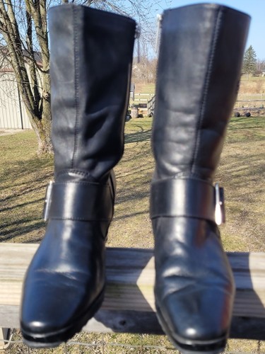 Harley Davidson Black Leather Boots. 3 Inch Wedge Heel. Women's 6.5, Sequin Logo - Picture 1 of 18