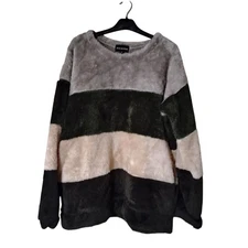Zenana Outfitters Faux Fur Striped Pullover Sweater Multicolor Gray Olive Black