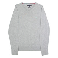 TOMMY HILFIGER Mens Jumper Grey V-Neck Tight Knit M