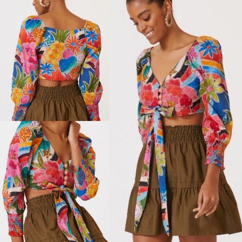 Cravatta Farm Rio davanti manica a sbuffo floreale crop top cravatta taglia piccola festival hippie