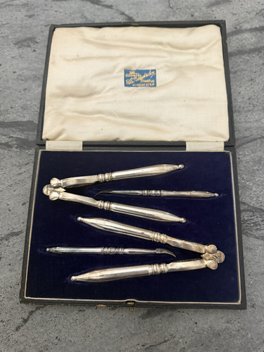 Antique H. Pidduck & Son Silver Plate Nutcrackers and Nut Pick Set Cased Vintage - Picture 1 of 19