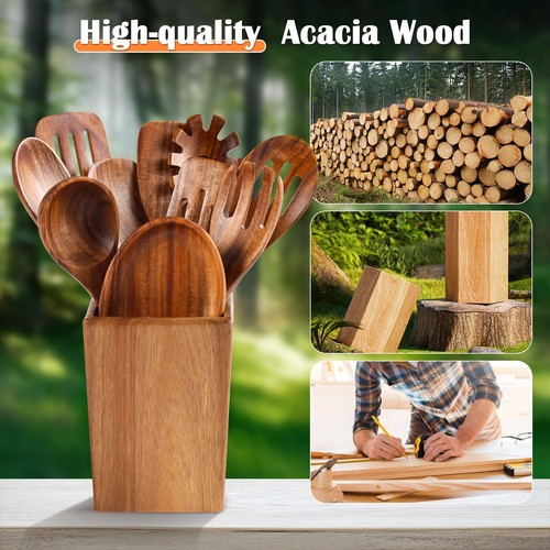 Cucharas de madera para cocinar, Juego de 11 utensilios de cocina de madera con soporte, Natu... - Imagen 3 de 8