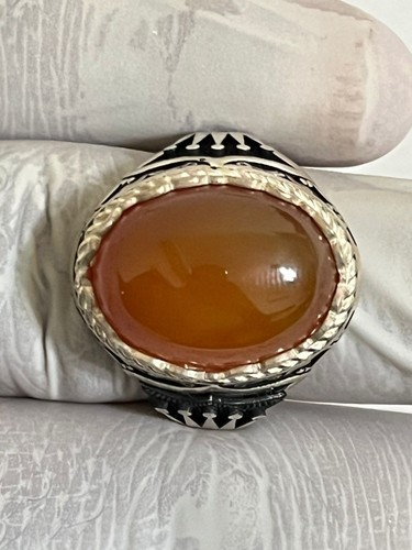 Luxury Men 925 Silver Ring Yemen Aqeeq Agate Royal Design عقيق يمني شرف الشمس - Picture 10 of 20