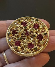 Vintage 1960 s Filigree Pink Green Clear Rhinestones Brooch Pin