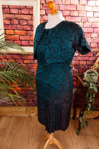 Vintage orig 60er Brokat Kostüm petrol grün schwarz Etuikleid Rockabella 40 - Bild 3 von 9