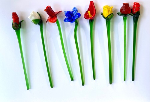 Murano Style 9 Pieces Art Glass Blue Red Yellow White Flowers Green Stem 12" - Picture 12 of 22