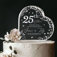 Personalized 25th Silver Wedding Anniversary Acrylic Cake Topper Heart Plaque