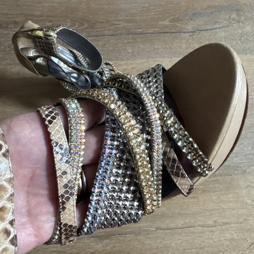 GINA Open Toe Beige Platform Heels Snakeskin & Diamonte Straps.UK5.5/38 Used - Picture 6 of 13