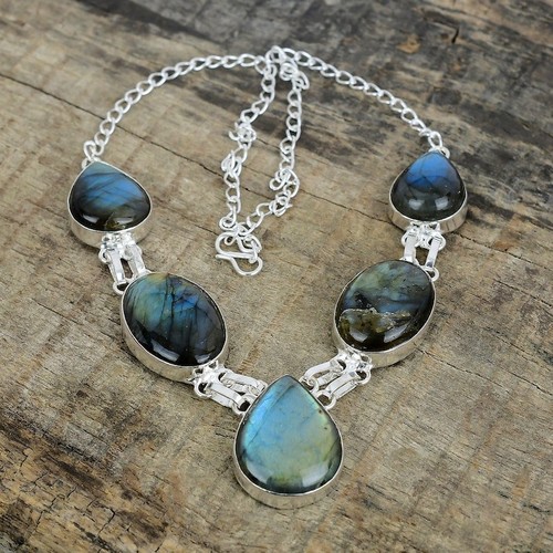 Natural Labradorite Gemstone 925 Sterling Silver Jewelry Necklace Size-17-18" - Picture 4 of 4