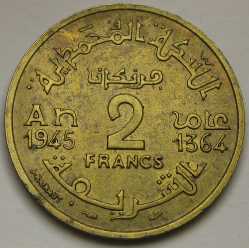 MOROCCO 2 Francs AH 1364 / 1945 - Aluminum-Bronze - aUNC - 1834 *