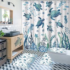 Sea Turtle Shower Curtain Set, 4-Piece Blue Underwater World Bathroom Decor, ...