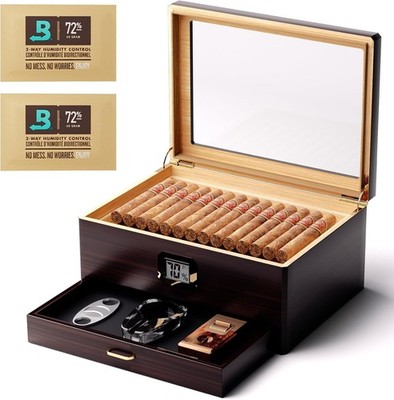 Woodronic Cigar Humidor Upgraded Capacity 80 Counts with Boveda 72% Humidity Pac