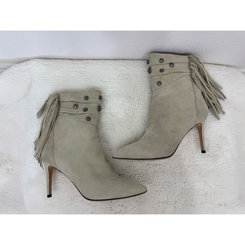 Paige Women’s Suede Fringe Studded Ankle Boots Size 8 Beige Western Pointed Toe - Picture 2 of 9