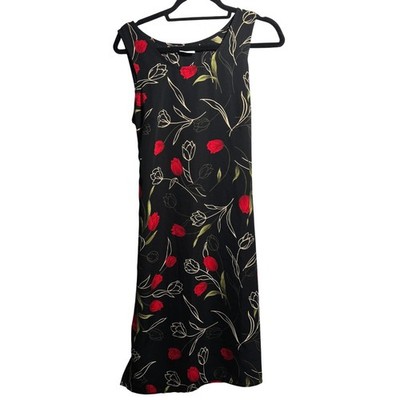 Black Tulip Floral Print Sleeveless Midi Dress Size 8 Dark Romantic 90s Vibe