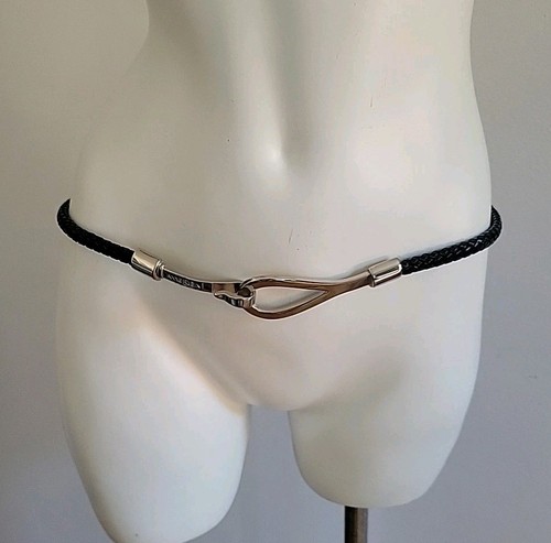 Anne Klein Braided Leather Skinny Rope Belt Black Adjustable Minimalist Western - Picture 2 of 12