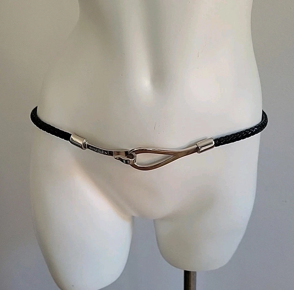Anne Klein Braided Leather Skinny Rope Belt Black Adjustable Minimalist Western - Image 2 of 4