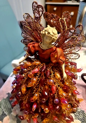 Pair Vintage jeweled beaded Angel centerpiece 11 inch height great quality