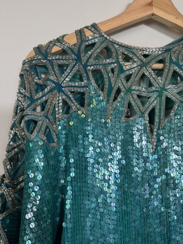 Vintage Riazee Saks Fifth Avenue Emerald Lattice Beaded Sequin Blouse Medium - Bild 3 von 24