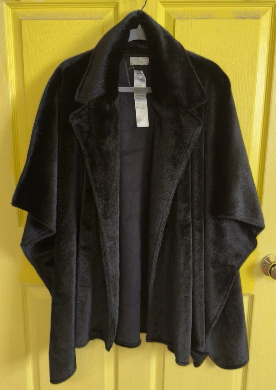 Free People Starlet Black Faux Fur Cape Poncho One Size Draped Open Front