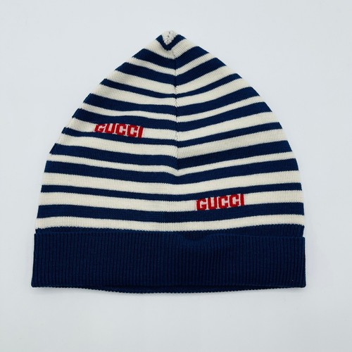 Gucci Kid's Blue/White Stripe Wool Beanie Hat w/Red Script Logo L 660617 4178 - Picture 2 of 6