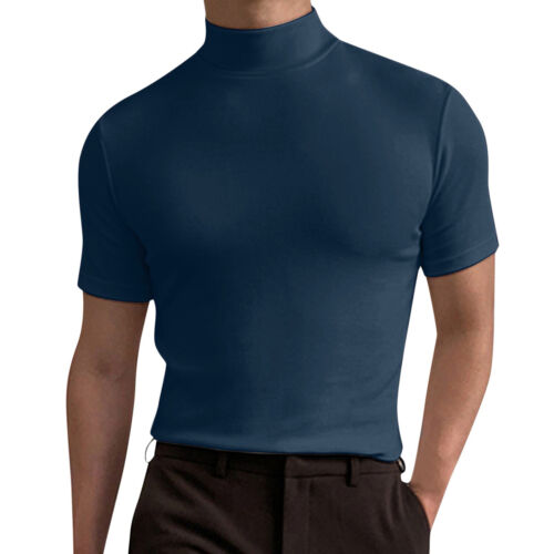 Mens Mock Turtleneck Short Sleeve Solid Color T-Shirts Basic Slim Fit Tees - Picture 19 of 20