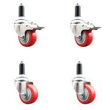 3.5 Inch 316SS Red Polyurethane Swivel 1-1/8 Inch Stem Caster Set 2 Lock Brake