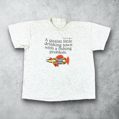 Vintage 90s Quaint Drinking Town Fishing Problem Funny Beer T-Shirt Gray Size XL
