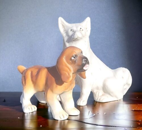 Vintage Spitz Dog Figurine German Porcelain White Sp787 & Hagen Spaniel Figurine