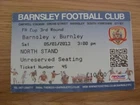 05/01/2013 Ticket: Barnsley v Burnley [FA Cup] (folded). Footy Progs/Bobfrankand
