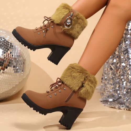 Women Fur Trim Ankle Boots Lace Up Block Heels Platform Warm Snow Boots Winter - Picture 4 of 12