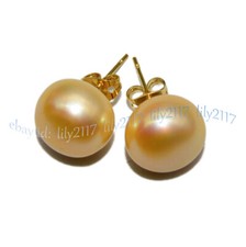 AAA HUGE 13-14MM GENUINE SOUTH SEA YELLOW BUTTON PEARL 14K GOLD STUD EARRINGS