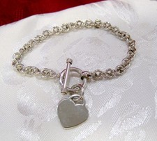 925 STERLING SILVER HEART CHARM TOGGLE CLASP CHAIN BRACELET 7.5" LONG