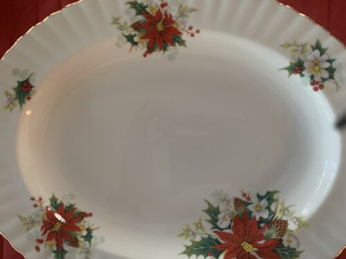 Royal Albert Poinsettia Oval Platter Christmas 13” Serving Dish Plate China Gold - Picture 2 of 7