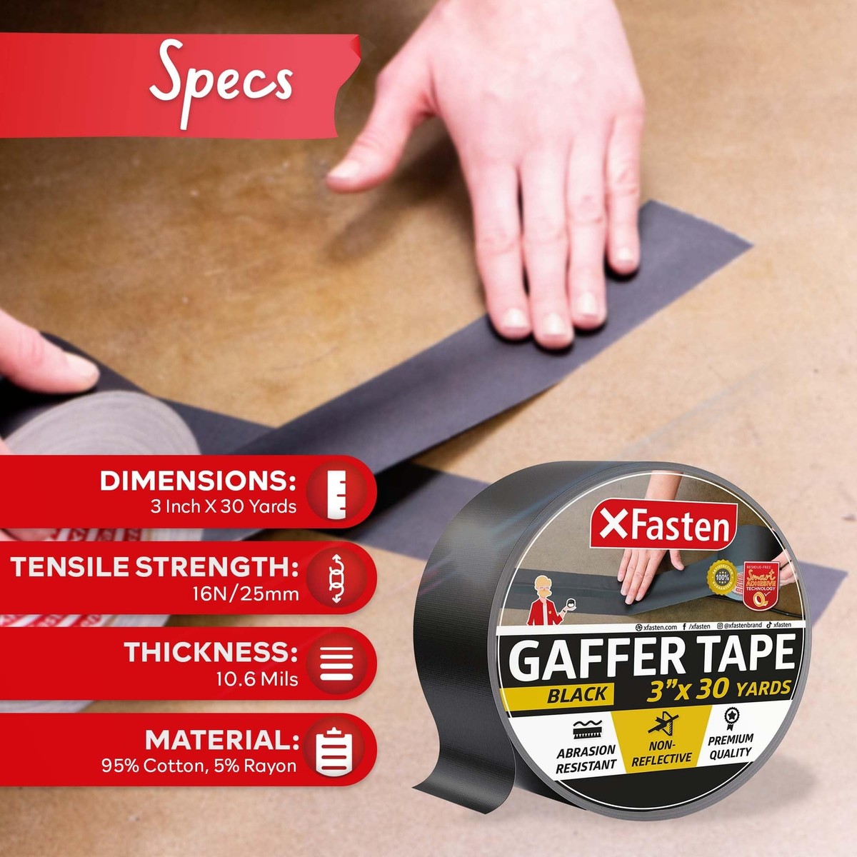 WOD GTC12 Gaffer Tape, Black Low Gloss Finish Film, 1 Inch X 60 Ft. Residue Free, Non Reflective Cloth Fabric, Secure Cords, Water