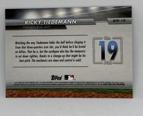 2024  Bowman -  Top 100 Green Refractor #BTP-19 Ricky Tiedemann /99 (RC) - Picture 2 of 4