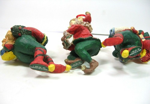 Giny 1991 Set of 3 Christmas ELVES ORNAMENTS Gnomes Handcrafted Presents Plaster - Picture 8 of 11