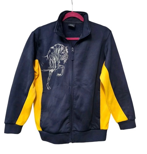Women's Novelty Horse Print Jacket Size 12 M Equestrian Stallion Blue & Gold
