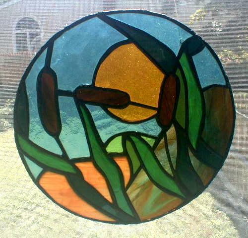VINTAGE ROUND ART GLASS HANGING STAINED GLASS PUSSY WILLOWS SUN & SKY HANDMADE - Picture 2 of 2