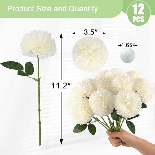 Pcs Artificial Chrysanthemums Flowers Ball Flowers, Fake Mums Flowers 12 White - Picture 2 of 7