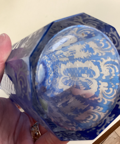 Pair of Antique Bohemian Blue Edged Cut To Clear Perfume Bottles - Picture 11 of 22