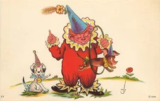 1938 Wolo Circus Art Postcard Stanford Convalescent Playroom Clown & Dog Act