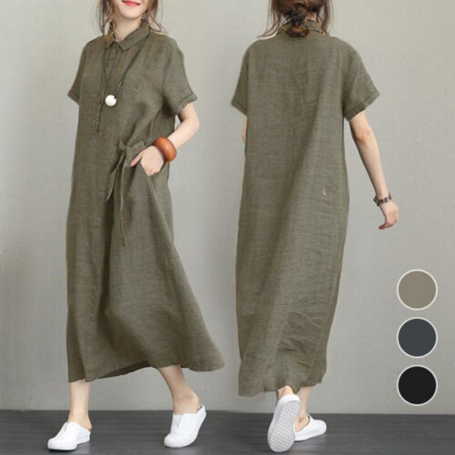 Women's Casual Dress Shirt Dress Solid Cotton Linen Short Sleeves Loose Pocket - Picture 3 of 15