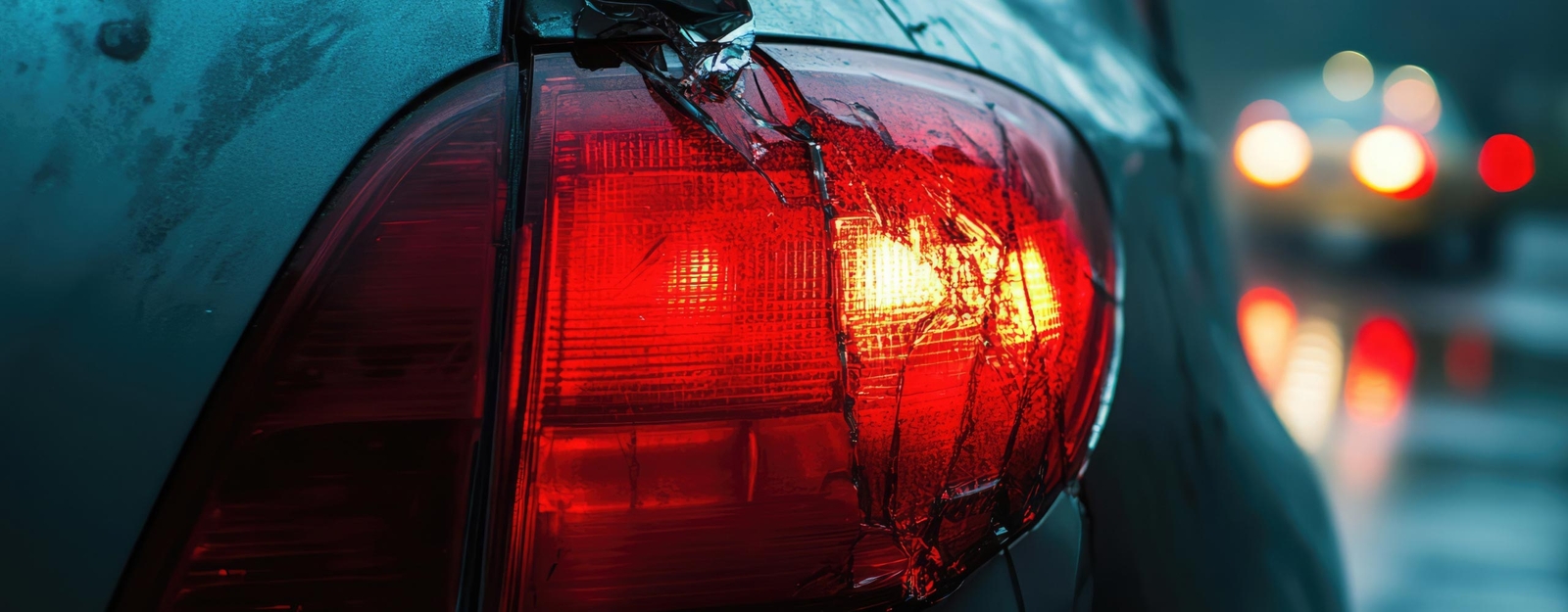 Naufaufnahme der rechten Rückleuchte von einem Auto, die eingeschaltet und beschädigt ist.