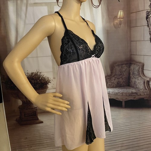 Pink Sheer Chiffon Black Lace T Back Babydoll Medium Nightie Lingerie - Picture 7 of 12