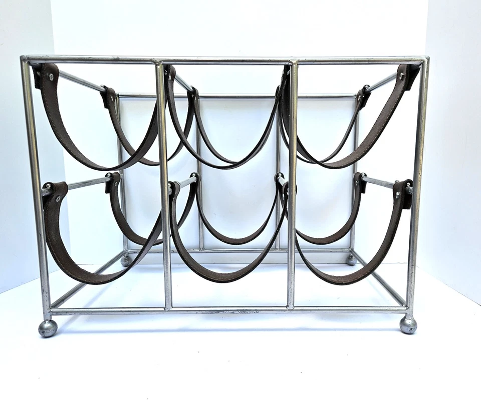 Mesa de seis botellas o encimera para vino de metal plateado y cuero marrón Foto 3 de 4