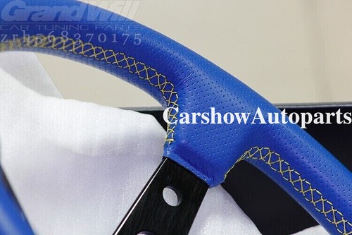 MOMO 350mm 14' Blue Perforated Genuine Leather Deep Cone Sport Steering Wheel - Picture 12 of 13